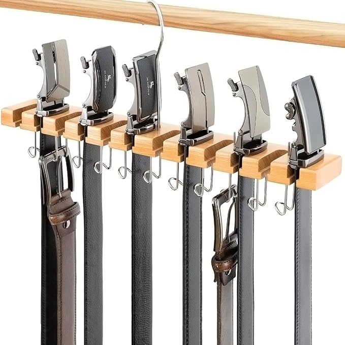 Wooden Belt Hanger for Closet 2-in-1 Wall Mount Belt Organizer Holder for Closet Organizer Storage, Ratchet Belt Rack Closet Accessories with 12 Slots & 11 Hooks