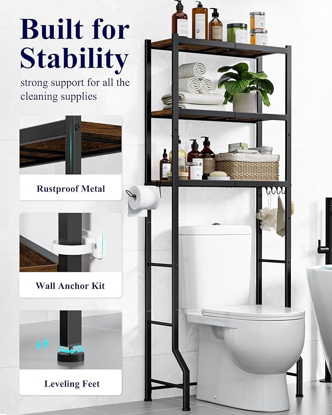 Kitsure Over The Toilet Storage Rack, 3-Tier Metal Frame | Small Bathroom, Space Saving Storage, Heavy Duty Metal Frame, Easy Assembly, Brown & Black, 61"H