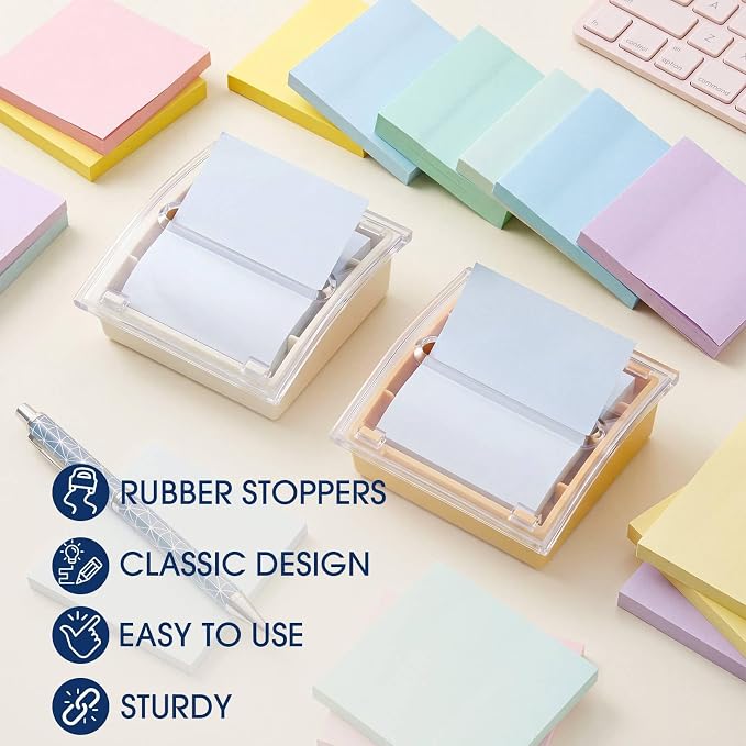 Junkin 2 Pcs Pop up Sticky Note Dispenser 3 x 3 Inch Sticky Note Holder with Transparent Top Colorful Base for School Office Home Store Desk Supplies (Beige and Green)