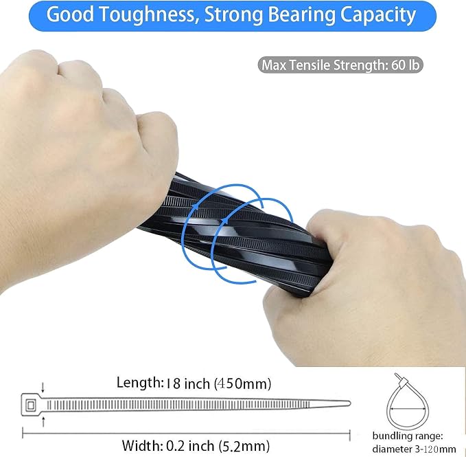 Zip ties 18 inch black Cable ties 100 pcs/Pack outdoor use wire ties with 60 Pounds tensile