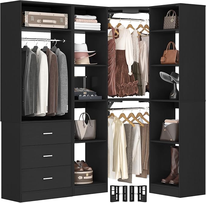 Besiost Corner Closet System with 3 Drawers, Corner Closet Organizer System with 13 Shelves & 3 Hanging Rods, 63.2"L * 39.2"W Reversible L Shaped Walk-in Closets, Load 2000+LBS, Black
