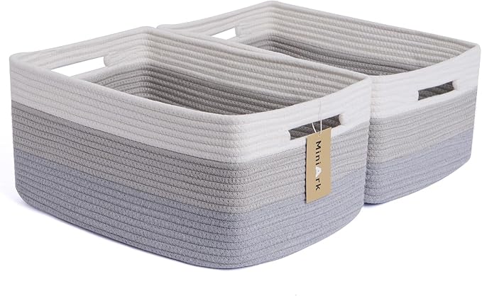 MiniArk Large Storage Baskets for Shelves, 17 x 13 x 7.5” Closet Organizers Bins for Clothes Blanket Towels, Baby Nursery, Toy Baskets Box, Woven Rope Baskets, 2 Packs Gradient Grey