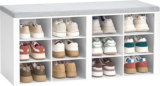 Hzuaneri Shoe Storage Bench, Entryway Shoe Rack with Cushion and Cubbies | entryway shoe rack bench cabinet with 12 cubbies and adjustable shelves for bedroom, living room, White SB19003GY