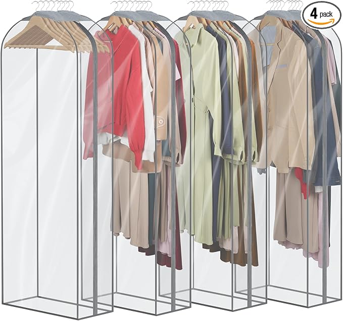 Zilink Breathable Fur Coat Storage Bags 60" Dress Bags for Gowns Long Mink Coat Storage Bag for Hanging Clothes with 10" Gussted Wrinkle Free for Leather Jacket Fur Puffy Dress, Set of 4