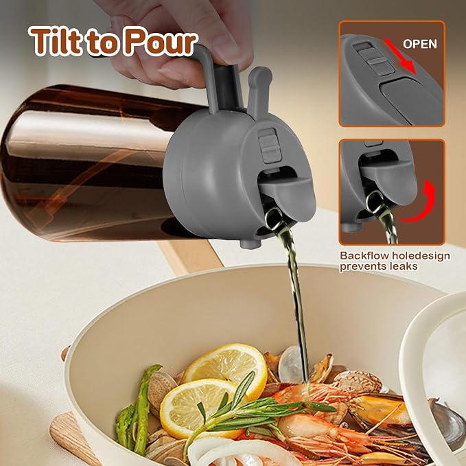 YARRAMATE 16oz/470ml Dark Brown Oil Sprayer for Cooking with Stickers, Food-grade Premium 2 in 1 Olive Oil Dispenser Bottle for Kitchen Gadgets, Air Fryer, Salad, Frying, BBQ (Grey)