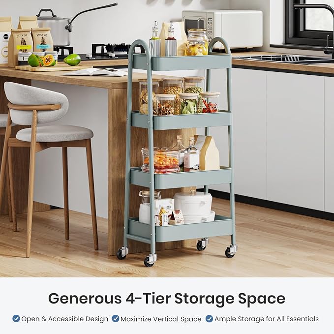 DUMOS 4 Tiers Rolling Utility Cart, Storage Organizer, Shelving Unit | Metal, Lockable Wheels, Mobile, Kitchen, Bathroom, Laundry, Narrow Places, Green