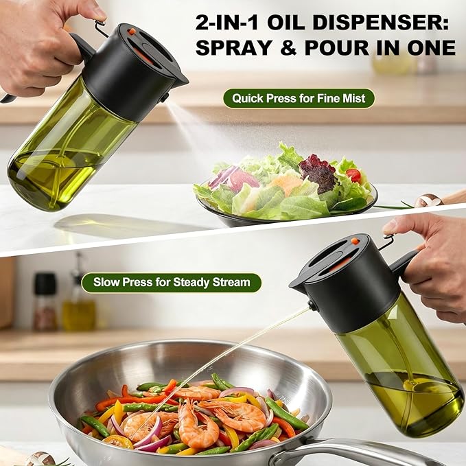 Gelibo 2-IN-1 Oil Sprayer for Cooking, 500ML Light-Blocking Glass Oil Dispenser for Kitchen, Olive Oil Spray Bottle with Leak-Proof,Cooking Spray with Portion Control for BBQ, Air Fryer, Salad - Black