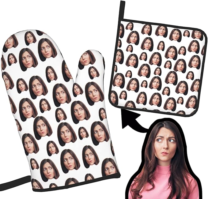 Custom Oven Mitts and Pot Holders Personalized with Your Face, Baking Gifts for Women for Kitchen Cooking, BBQ, Grillin-Style2, 1 Oven Mitts+ 1 Pot Holders