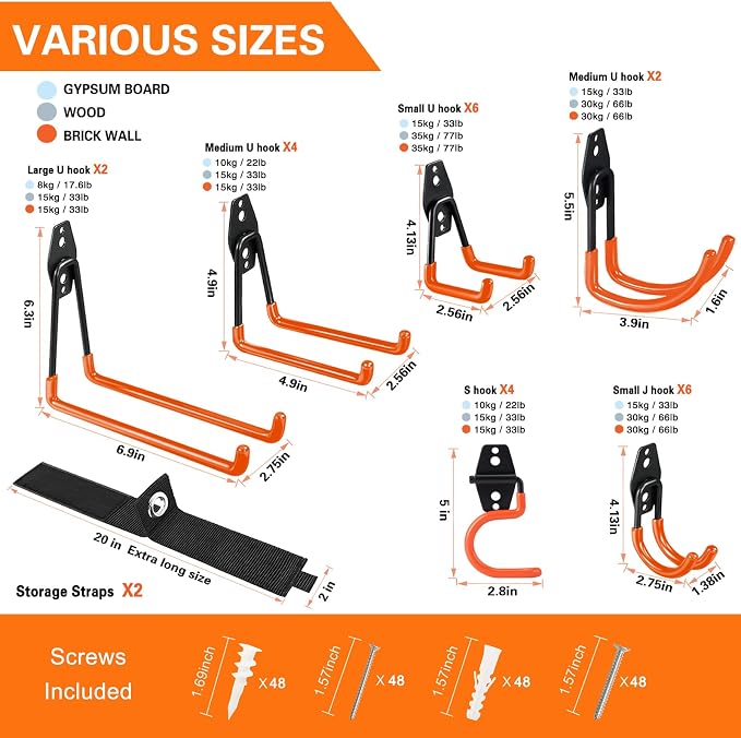 HUPBIPY 26 Pack Garage Hooks Heavy Duty, Wall Mount Ladder Hooks | Storage Organizer With a non-slip coating for Hanging Bicycles Garden Tools Ladders Hoses Ropes and Loose Items(Orange)