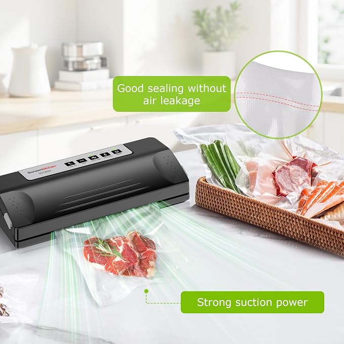 Bonsenkitchen Vacuum Sealer Machine for Food Storage,Black-Silver | Multi-Functional Food Sealer, 65kPa Suction, External Vacuum System , Compact Design with 5 Vacuum Bags