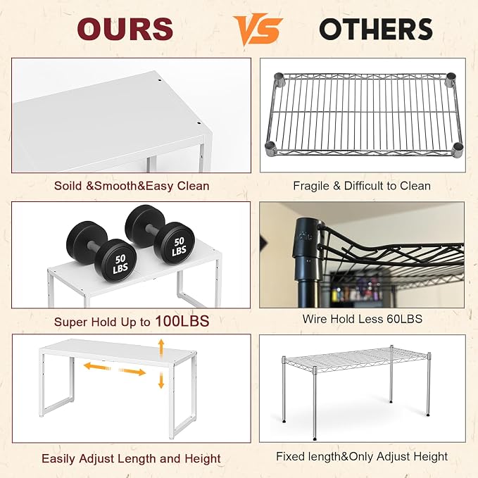 Expandable Kitchen Storage Shelves,100LBS Heavy Duty Metal Shelving Unit For Pot Pans Appliance,Adjustable White Small Shelf Rack Organizer For Kitchen Countertop Under Cabinet Closet Garage Pantry