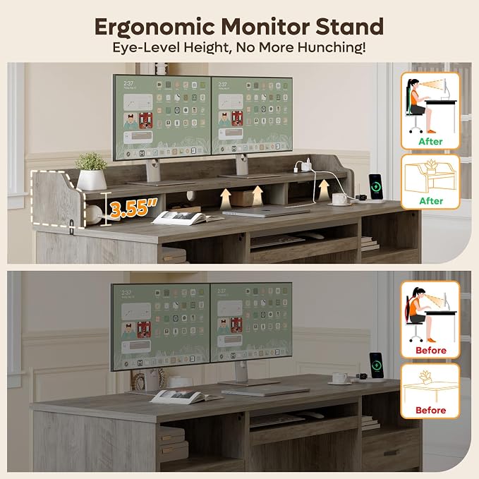 Bestier 59" Executive Desk with Charging Station & Monitor Stand, Grey | Farmhouse Wood Computer Desk with Drawers, Home Office Desk with Keyboard Tray, Sturdy Pedestal Desk for Work Study