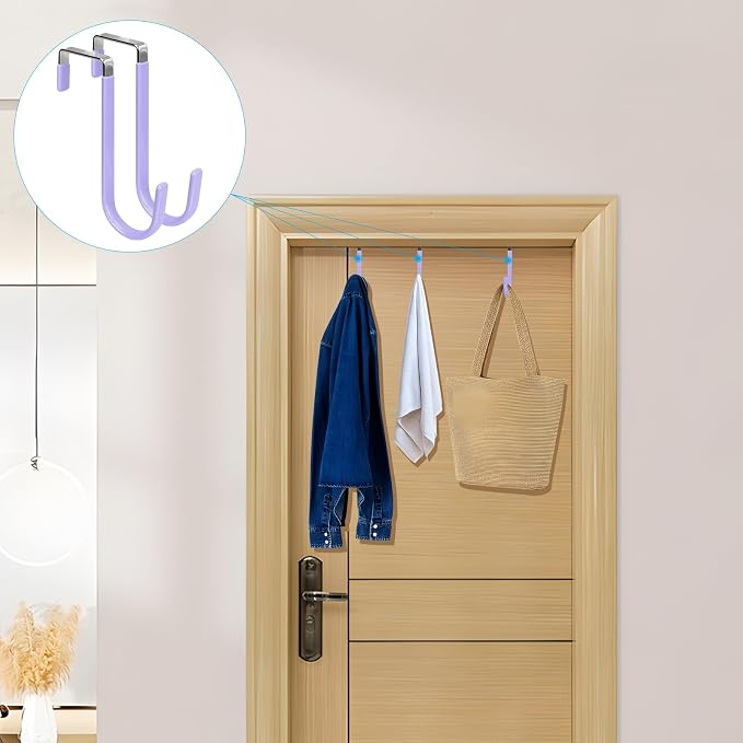FYY Over the Door Hooks, Single-Hanger 4 Pack, Fits Doors 1 3/8" Lavender | Heavy Duty Metal, Hold 20lbs, Rubber-Coated, No-Drilling, for Bathroom Dorm, Hanging Towels Clothes Hats Bags Coats Wreaths