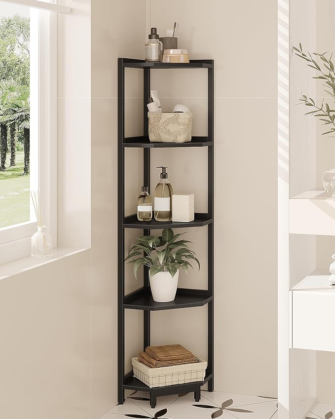 Hzuaneri Corner Shelf Stand, Corner Bookshelf, Storage Standing Shelf Unit with Metal Frame, Plant Stand, Bookcase for Living Room, Home Office, Bedroom, 5-Tier Black CS05906B