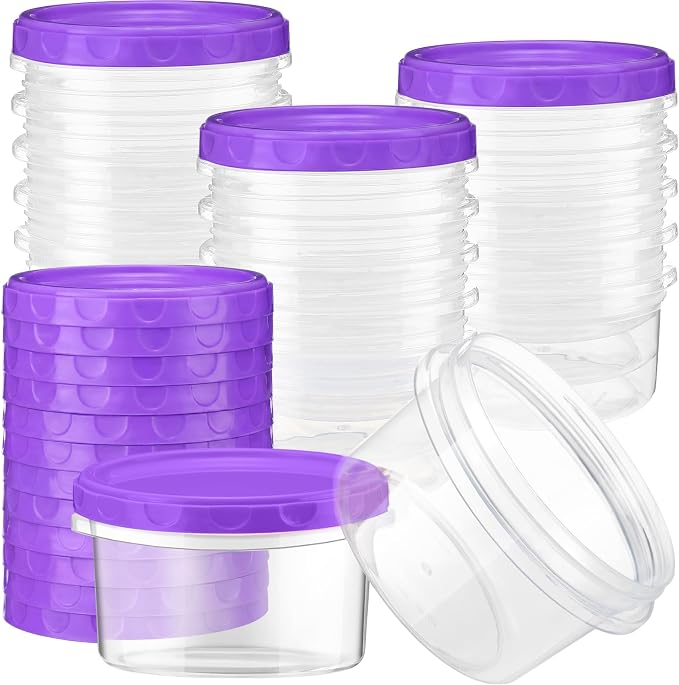 Sieral 16 Pack 8 oz Freezer Containers with Lid Reusable Deli Freezer Storage Containers Stackable Plastic Ultra Thick Twist Top Jar for Takeout Food Round Wide Mouth Lunch Snack (Purple)