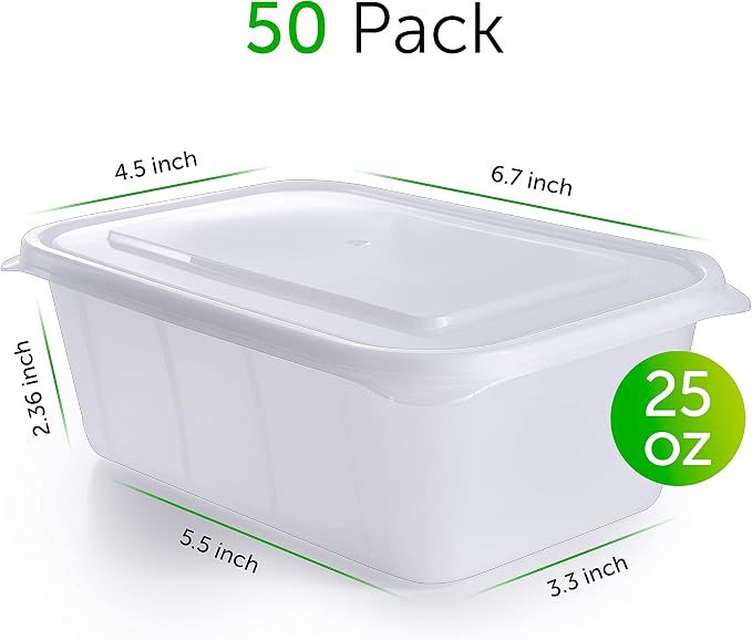 Prep Naturals 50 Pack Meal Prep Containers Reusable | BPA-Free Meal Prep Containers - Airtight Lids, Microwave, Freezer & Dishwasher Safe (50-Pack, 25 oz)