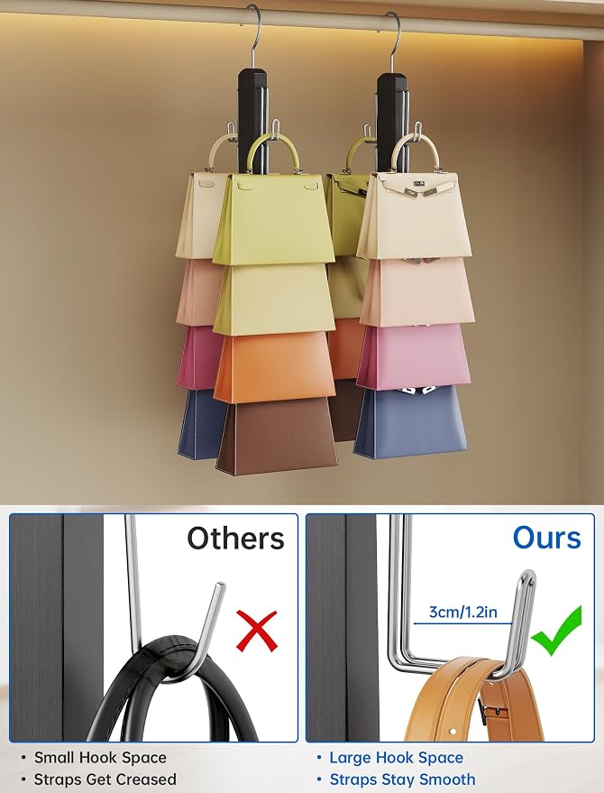 NiHome Purse Organizer for Closet, 360° Rotating Purse Hanger, 2 Pack | Wood & Metal 8 Wide Hooks, Space-Saving Handbag Holder Storage Rack for Backpacks, Hats, Scarves, Belts - Black