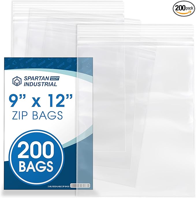 Spartan Industrial - 9” X 12” (200 Count) 2 Mil Clear Reclosable Zip Plastic Poly Bags with Resealable Lock Seal Zipper