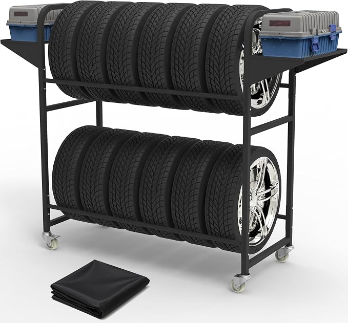 Tire Storage Rack 44" x 44" x 18" with Anti-Dust Cover | Rolling Adjustable Black Alloy Steel Tire Rack for Garage with 4 Swivel Casters & 2 Storage Shelves