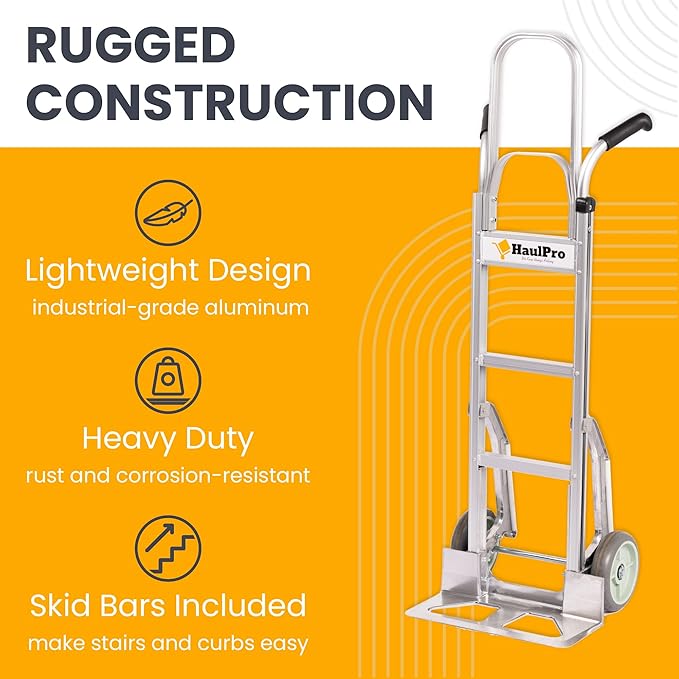 Dual Handle Stair Climbing Hand Truck, 500 lb Capacity Aluminum Dolly, 8" Puncture Resistant Wheels, Heavy Duty Appliance & Furniture Mover, 54" x 18.5" with Large Nose Plate