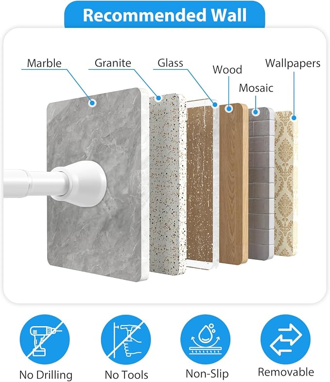 Spring Tension Curtain Rod 30 to 64 Inch, Adjustable Curtain Rods No Drilling Spring Loaded Curtain Rods for Windows Doors Kitchen Closet, White