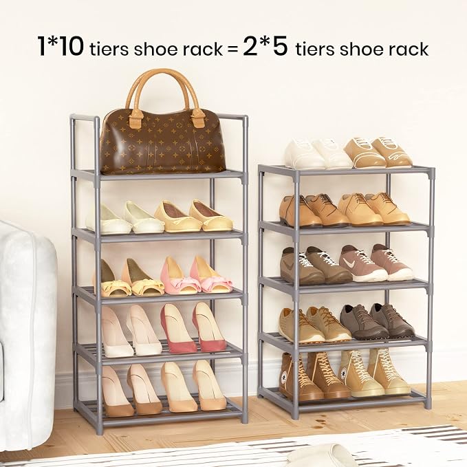 10 Tiers Tall Shoe Rack Narrow 20-24 Pairs Shoe Rack for Closet Entryway Vertical Metal Shoe Rack Organizer Shoe and Boots Organizer Storage Sturdy Shoe Shelf Shoe Stand Gray