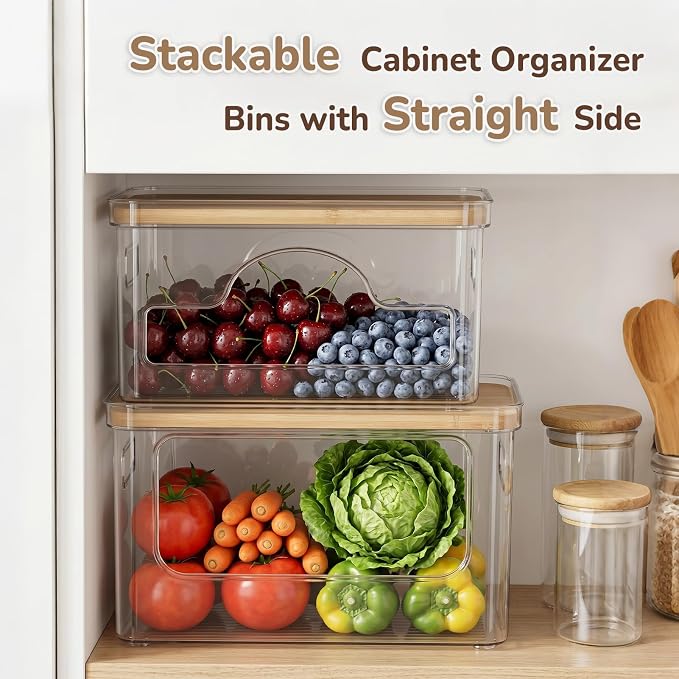 Hudgan Potato Onion and Garlic Storage Bin for Pantry Organizers, 3 Packs | Stackable, Straight Side, Bathroom Countertop Storage with Bamboo Lid, Pantry Box, Can Good Organizer, Kitchen Space Saver
