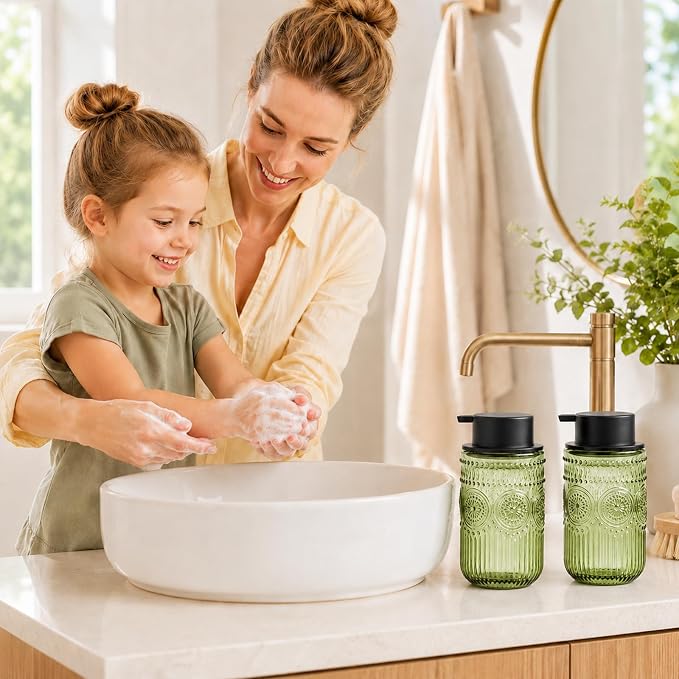 Glass Foaming Hand Soap Dispenser, Kitchen Foaming Dish Soap Dispenser | 13.8 oz Refillable Foam Soap Dispenser with Black Pump for Home Decor Set of 2