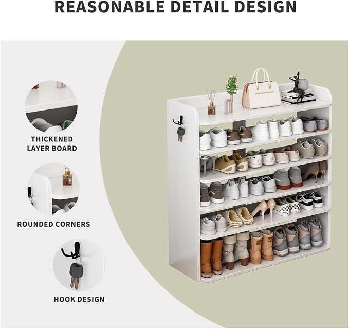5 Tier Shoe Rack, Wooden Shoe Storage Cabinet, Large Capacity Tall Shoe Shelf Free Standing Shoe Rack Organizer for Closet Entryway Garage Bedroom, Gray