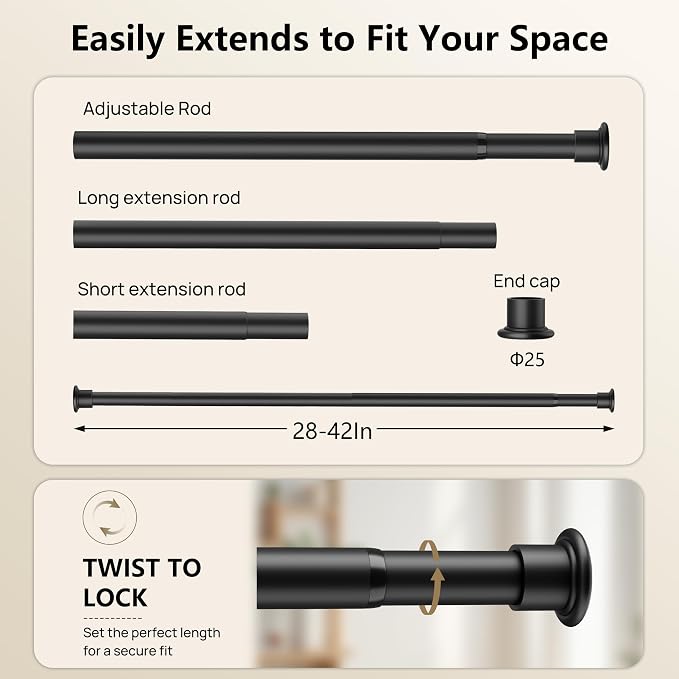 Tension Curtain Rod by EZFurni, 28 to 42 Inch, Adjustable Curtain Rods No Drilling, Heavy Duty Tension Rod, Anti-Slip Spring Loaded Curtain Rods for Window, Closet, Door, Black