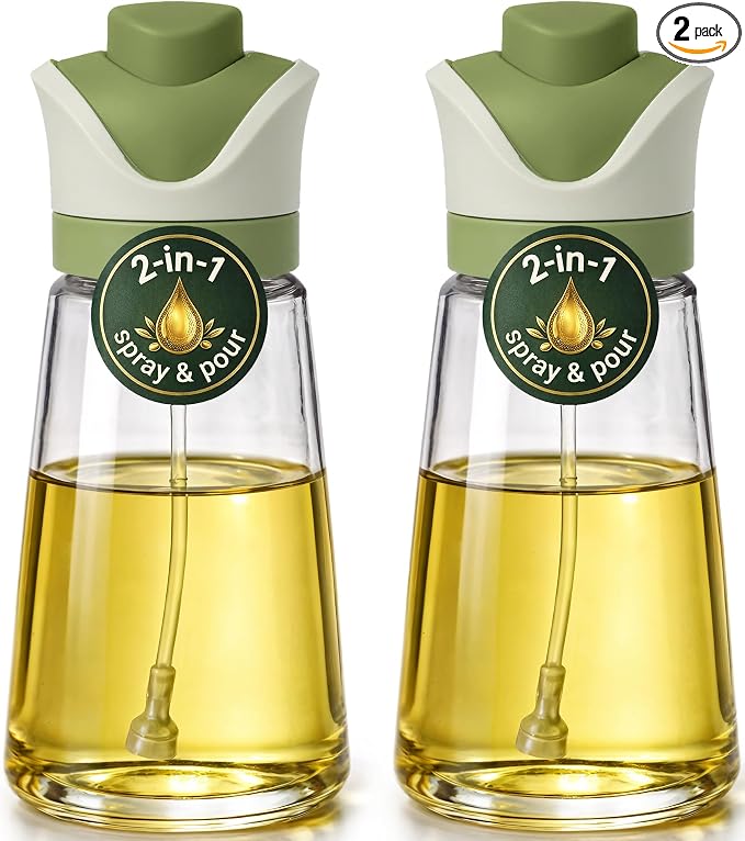 Olive Oil Dispenser for Kitchen | 2-in-1 Pour and Spray | 7.7 oz / 230 ml | Glass Olive Oil Sprayer for Cooking, Airfryer, Salad & BBQ | Set of 2 Bottles, Green