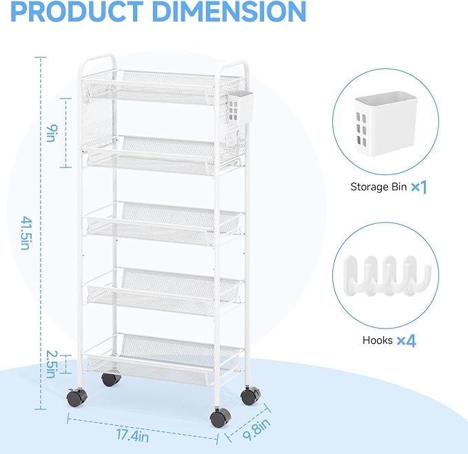 5 Tier Metal Rolling Utility Cart - Heavy Duty Storage Trolley with Pegboard, 4 Hooks & 1 Bin, Mobile Organizer Shelves for Bathroom Kitchen Office Craft Room Laundry, White