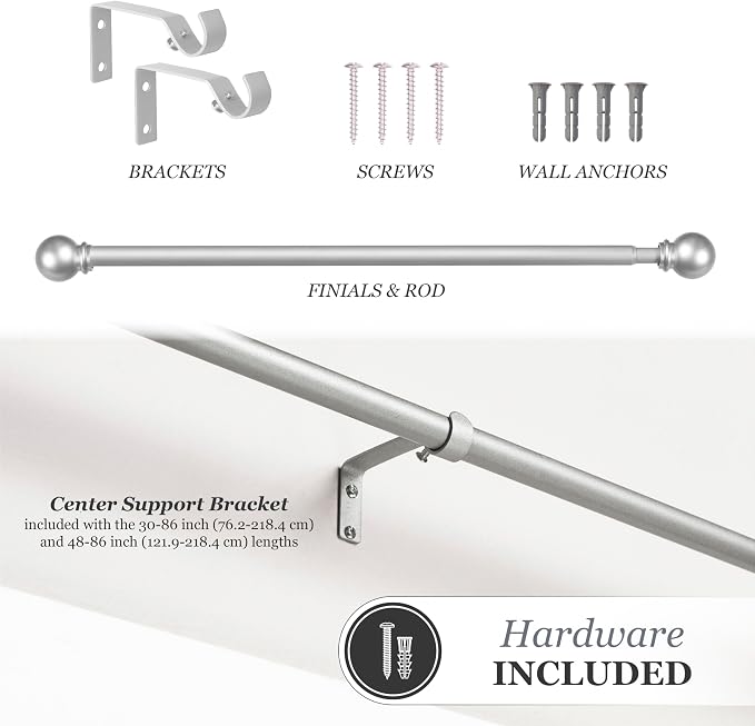 Kenney Chelsea Ball End Window Curtain Rod, Adjustable Curtain Rod for Windows 28 to 48 Inches, Extendable Curtain Rod Set, Brushed Nickel