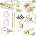 suniya Office Supplies,Desk Accessories,with Stapler,Tape Dispenser,Staple Remover,Scissor,Ballpoint Pen,Clear Tape,Staples,Binder,Best Gift Set(Gold)