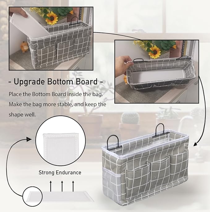 Kanrichu 2pcs 3-pockets Large Wall Hanging Organizer Bag, Linen Fabric Door Hanging Storage Baskets with Pockets, Waterproof Bin for Kitchen, Bedroom, Office, RV Camper (GreyGrid-2pcs)