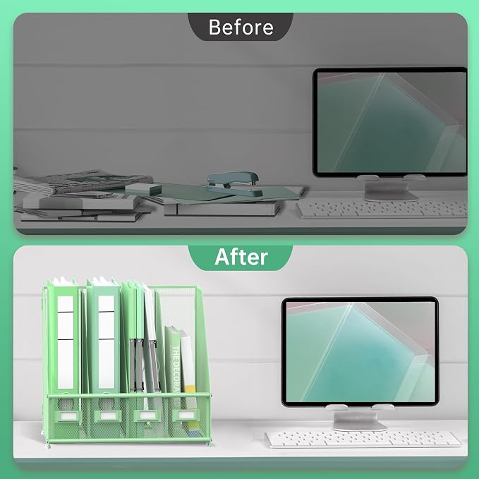 4 Vertical Compartments Magazine File Holder, Binder Organizer, Mint Green | Space-Saving Desktop Storage, Built-In Label Holders, Anti-Slip Feet, Sized for Binders, Folders, Magazines and Files