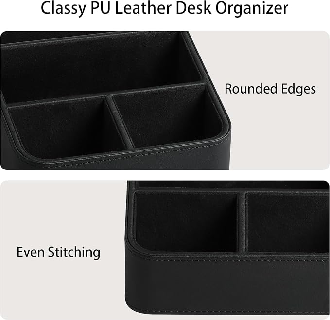 PU Leather Remote Control Holder, Nightstand Organizer with 4 Compartments | Luxury Desk Caddy with Velvet Lining, Small Desk Organizer for Living Room, Bedroom, Bedside, End Table, 6.8" x 6.7" x 4"