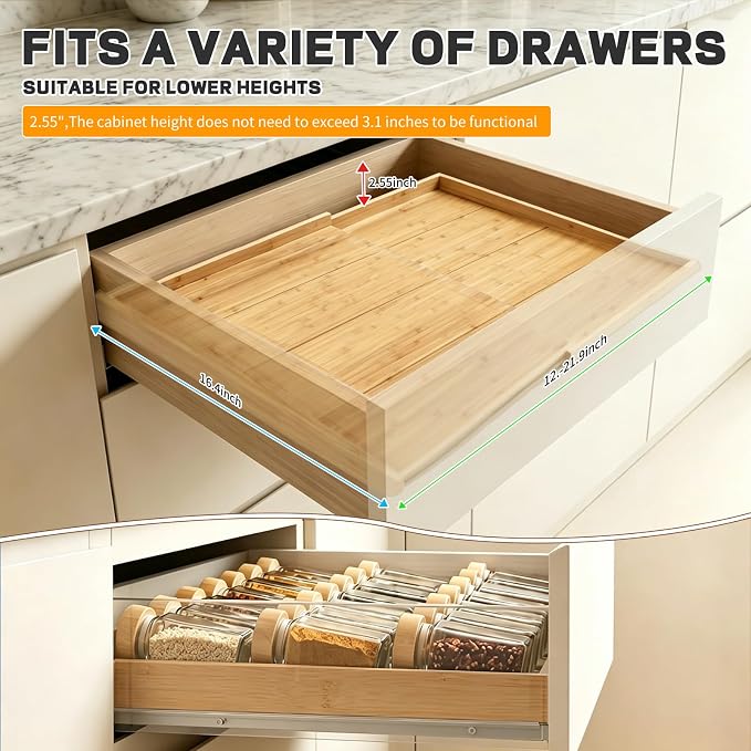 Bamboo Spice Drawer Organizer Expandable(Fits 2.6” Deep Drawers), 4-Tier Spice Rack Drawer Insert for Kitchen Cabinets(12" - 21.9" Width), Adjustable Seasoning Storage Insert (Jars Not Included)