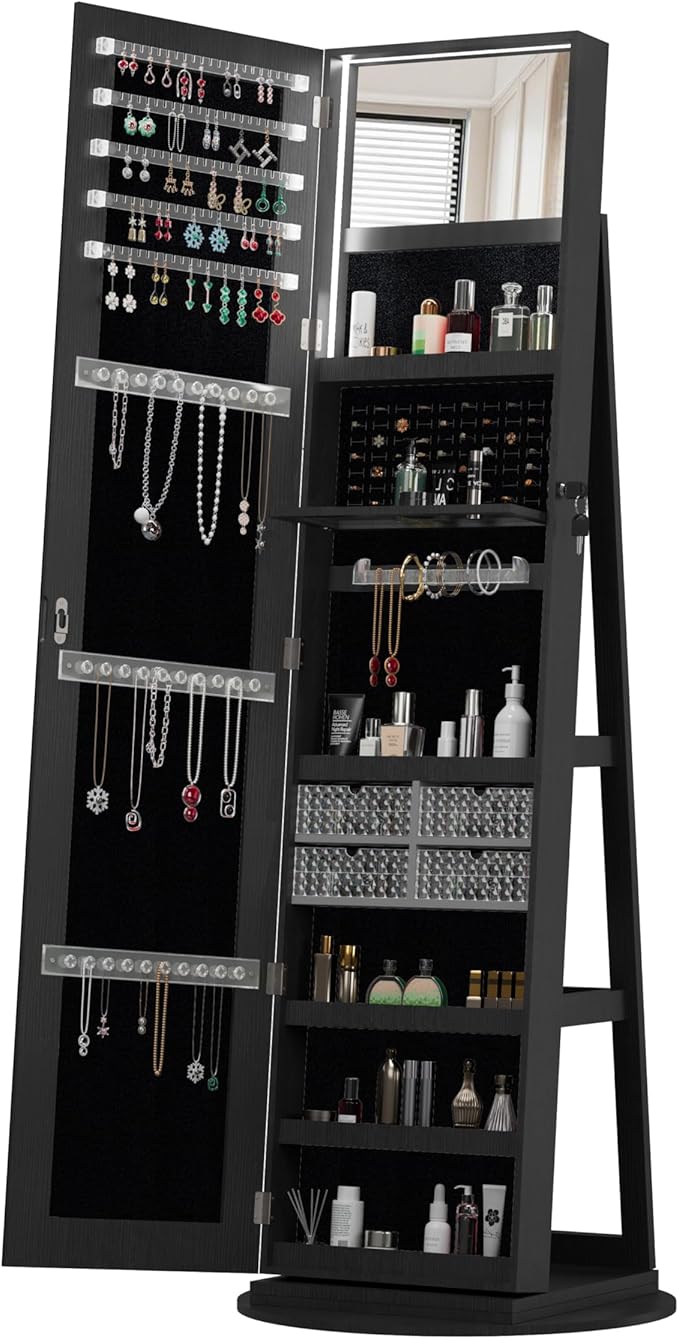 62" 360° Swivel Freestanding Storage Chest, Jewelry Cabinets with Interior Light, Utility Organizer with Lockable Design for Home Dressing, Black