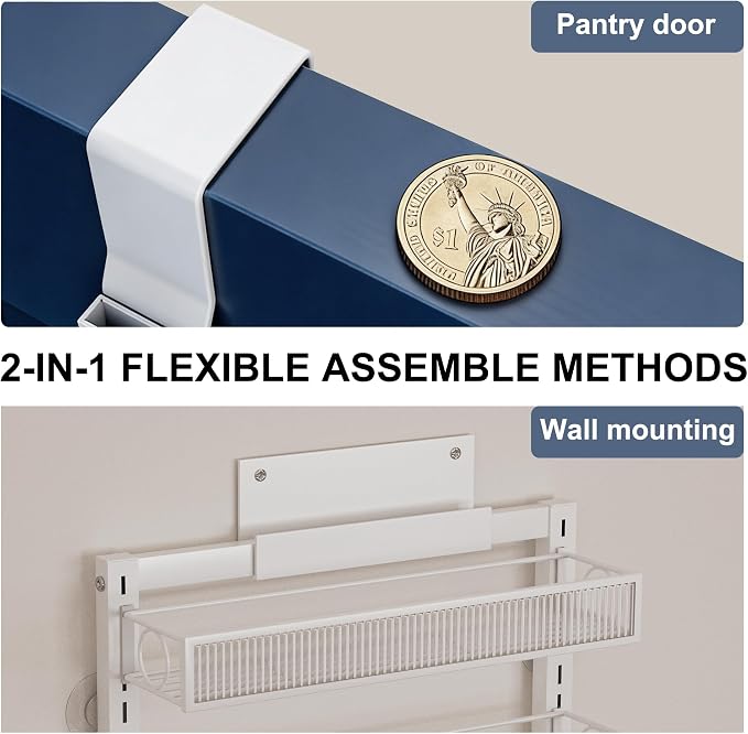 Over the Door Pantry Organizer 9 Tiers Hanging Door or Wall Mounted Spice Rack with Adjustable Acrylic Basket,Heavy Duty Metal Seasoning Storage Shelf for Kitchen Pantry and Bathroom White