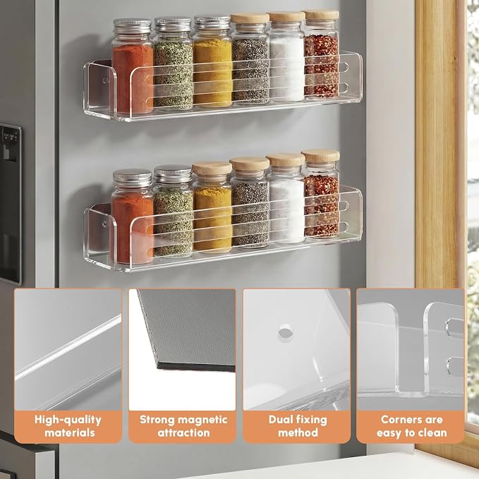 Novabright 2 Pack Magnetic Acrylic Spice Rack for Refrigerator, 11.8" Clear Fridge Shelf Organizer with Strong Magnetic Back, No-Drill Storage Holder for Spices, Kitchen, Pantry, Laundry Room
