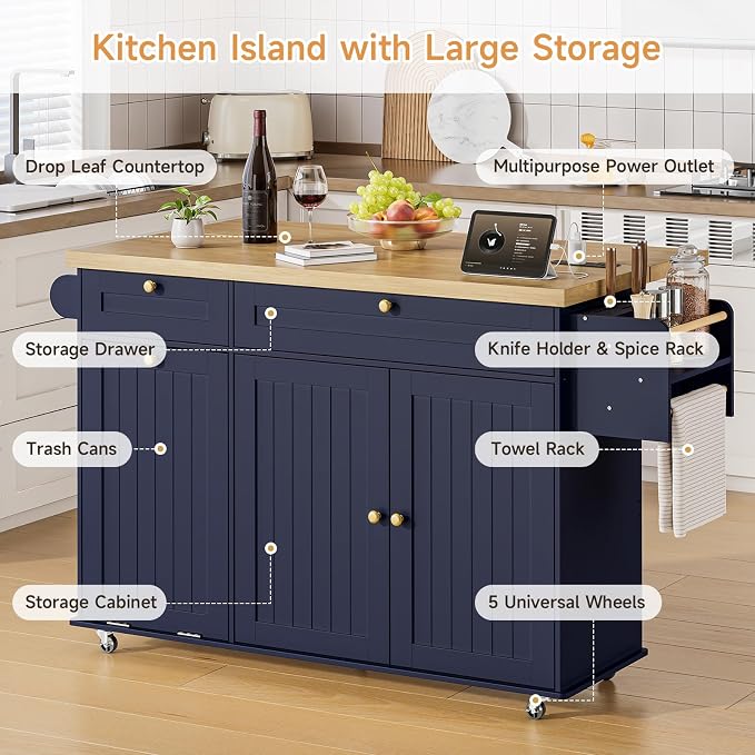 ONBRILL 60" Kitchen Island with Power Outlet & Drop Leaf, Rolling Island with Spice Rack & Towel Rack, Kitchen Island Cart with Trash Storage Cabinet, Island Table for Kitchen, Blue