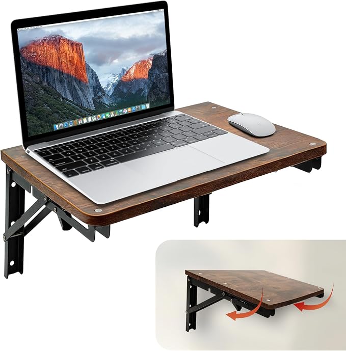 Folding Shelf Wall Mounted, 16.5inches Floating Desk for Small Space | Wooden Fold Down Projector Shelf, 2pcs Heavy-Duty Brackets Holds Up to 55lbs for Bedside, Living Room, Home Office, Kitchen