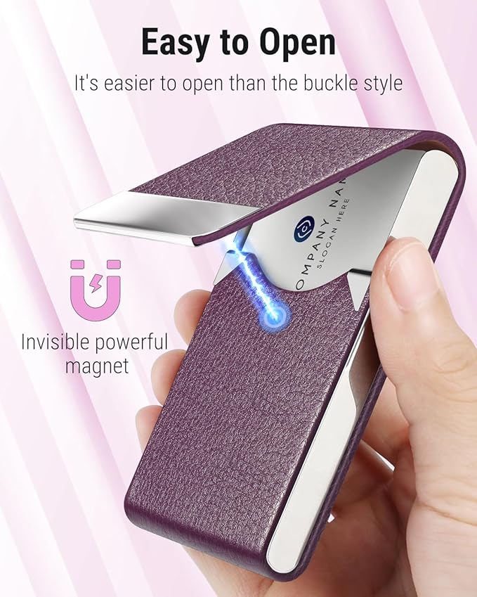MaxGear Business Card Holder, PU Leather Business Card Case, Purple | Stainless Steel Interior, Magnetic Closure, RFID Blocking, Holds 15–25 Standard Business Cards