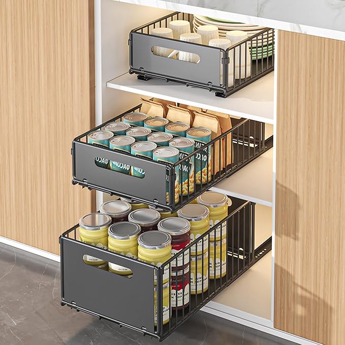 2 Pack Pull Out Cabinet Organiser, Slide Out Under Sink Storage Basket with Rails, No Drill Kitchen Cupboard Drawer Organiser, Heavy Duty Carbon Steel Pantry Storage Rack