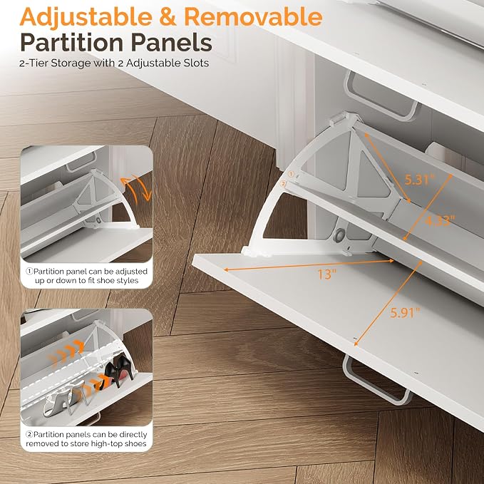 VINGLI Set of 2 Shoe Cabinet Storage for Entryway, Ultra Slim Shoe Organizer with 2 Flip & 1 Drop-Down Drawers, 2-Pack Narrow Shoe Cabinet 24.8" W for Front Door, Freestanding Modern White Shoes Rack