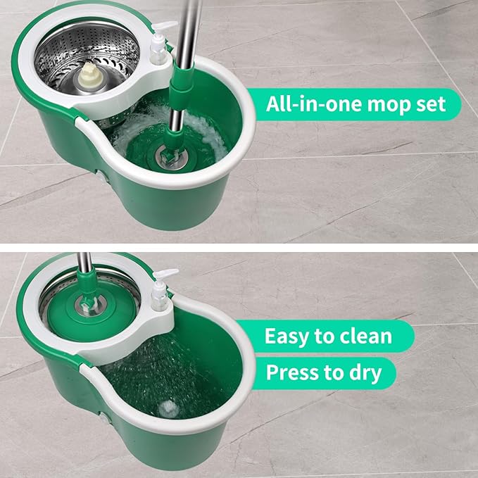Spin Mop and Bucket, Mop and Bucket with Wringer Set 360° Spinning Mop with 3 Microfiber Mop Refills 61" Adjustable Handle for Floor Cleaning