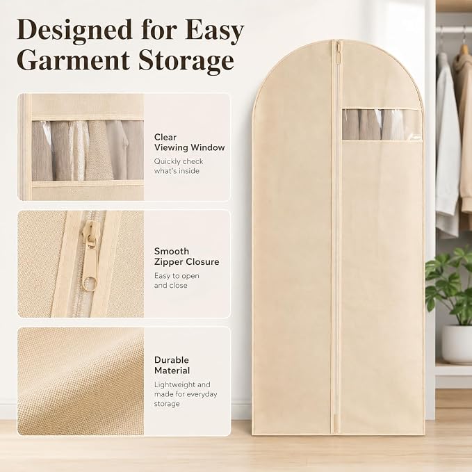 Garment Bags for Hanging Clothes, 5 Pack Non-Woven Clothes Covers | Breathable Closet Storage Bags with Clear Window, Dust Covers for Suits, Coats, Dresses, Jackets and Shirts, Beige