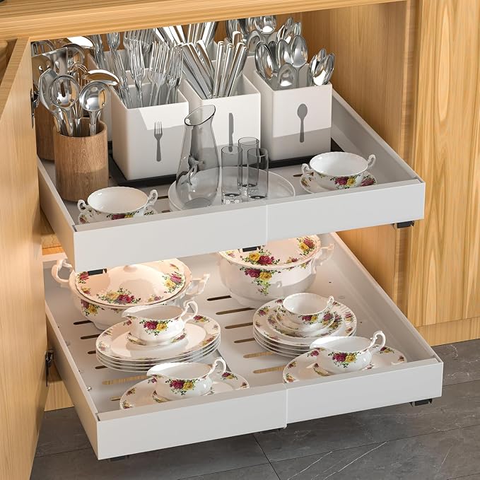 4 Pack Expandable Pull Out Cabinet Organizer | fixed by nano adhesive film, no drilling, heavy duty sliding drawer, suitable for kitchen, pantry cabinet storage