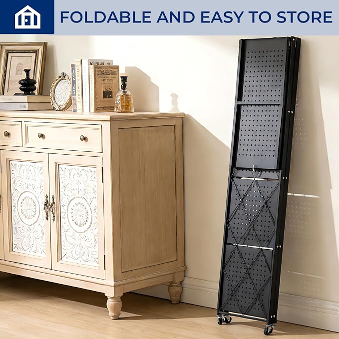 5 Tier Foldable Storage Shelf with Wheels, Heavy-Duty Metal Shelving Unit, No Assembly Book Shelf Rolling Storage Rack for Garage, Kitchen, Pantry, Closet, Exhibition, Office Decor, Black